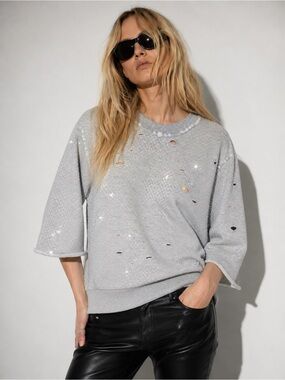 Zadig & Voltaire Edmond Strass Distressed Rhinestone Sweatshirt NWT XS/S Gray